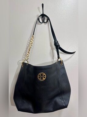 Tory Burch Everly Black Leather Hobo Bag Gold Hardware